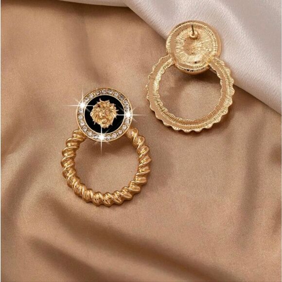 BLACK & GOLD LION DOORKNOCKER  DROP EARRINGS DESIGNER INSPIRED - Picture 3 of 6